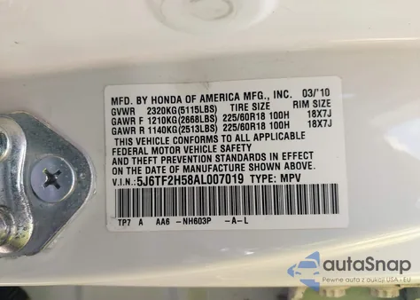 2010 Honda Accord Crosstour Ex-L z USA, uszkodzony, nr VIN 5J6TF2H58AL007019
